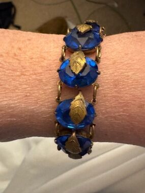 Vintage Sapphire Blue Crystal / Glass Leaf Bracelet